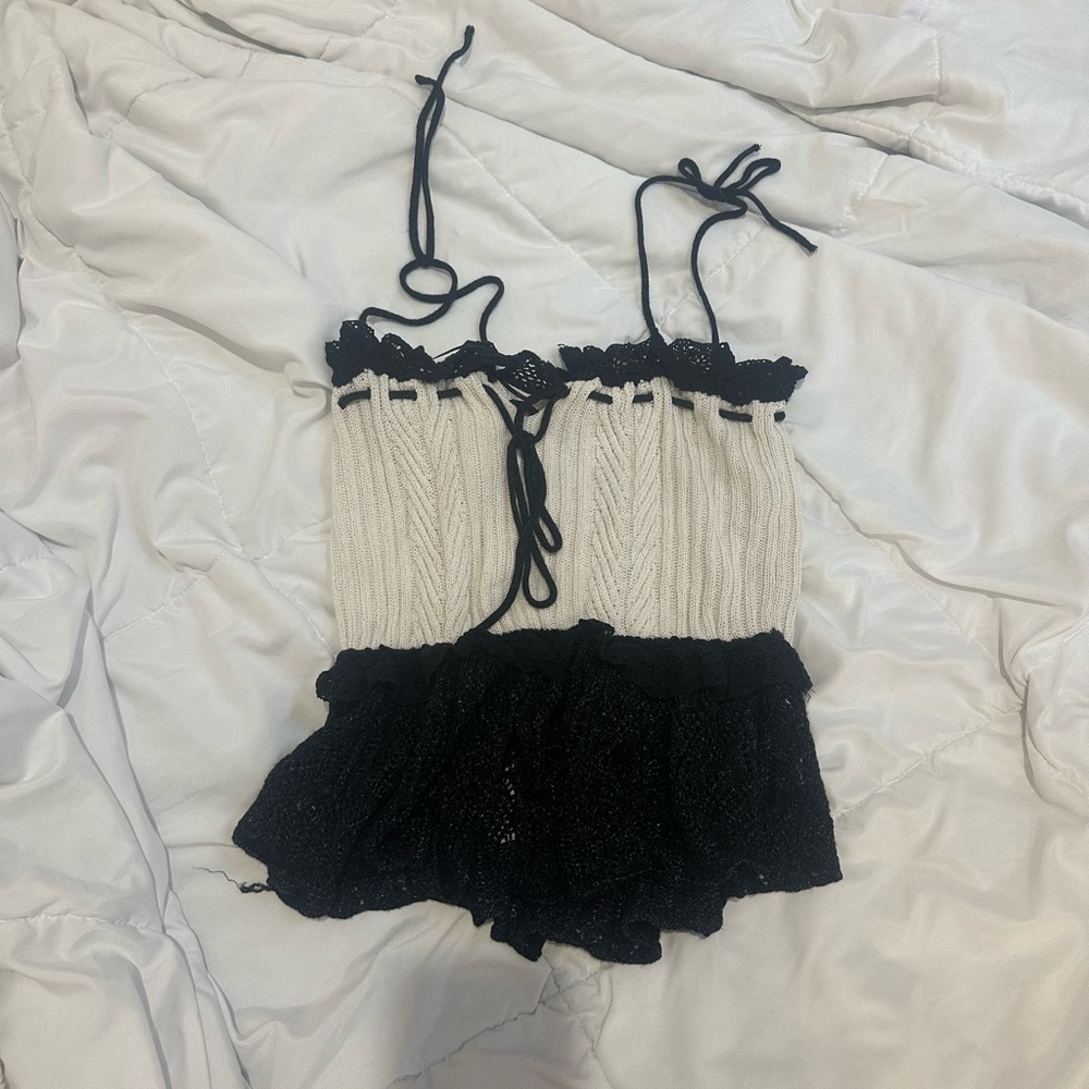 black and white crochet tie top